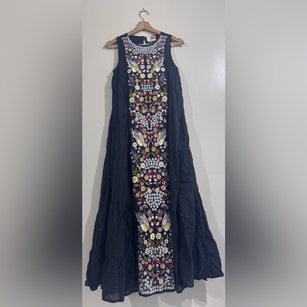 SAMANT CHAUHAN Anthropologie Black Maxi Dress with Multicolor Embroidery